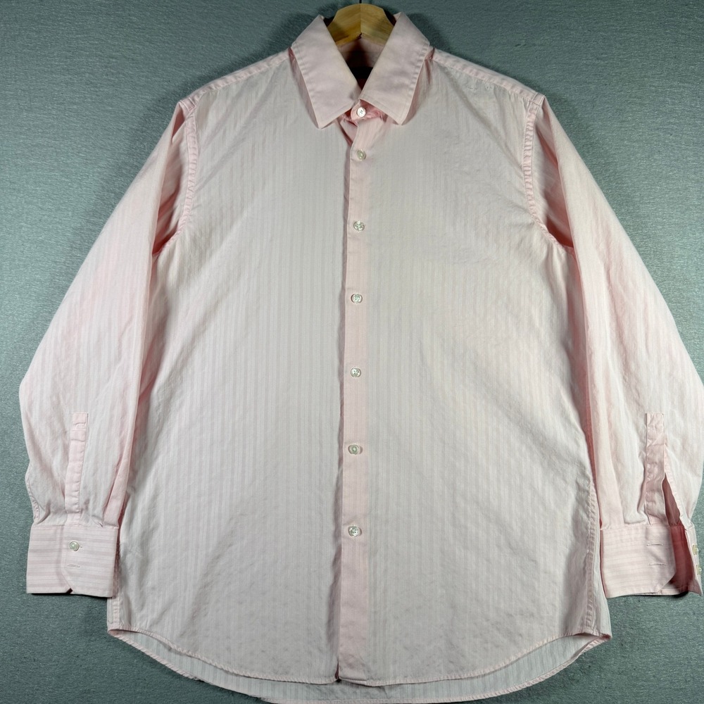 Hugo Boss Enzo‎ Mens Pink Tonal Stripe Cotton Dress Shirt 16.5 32/33 Long Sleeve